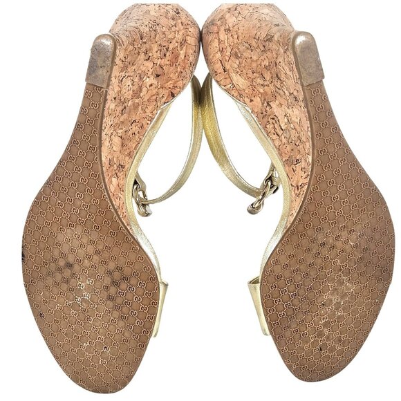 Gucci Women’s Gold Wedge Sandals 8.5 B Cork Heel Minimalist Resort Chic Boho - Picture 8 of 16